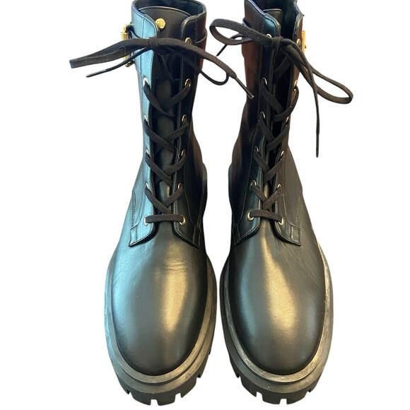 Stuart Weitzman Ultra Lug Sole Buckle Combat Boots Lace Up Leather Black Size 10 - Picture 5 of 9